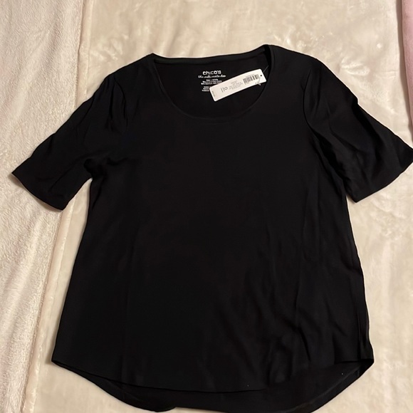 Chico’s Cotton Slub Elbow Sleeve Tee Basic Knit Black - Picture 2 of 3